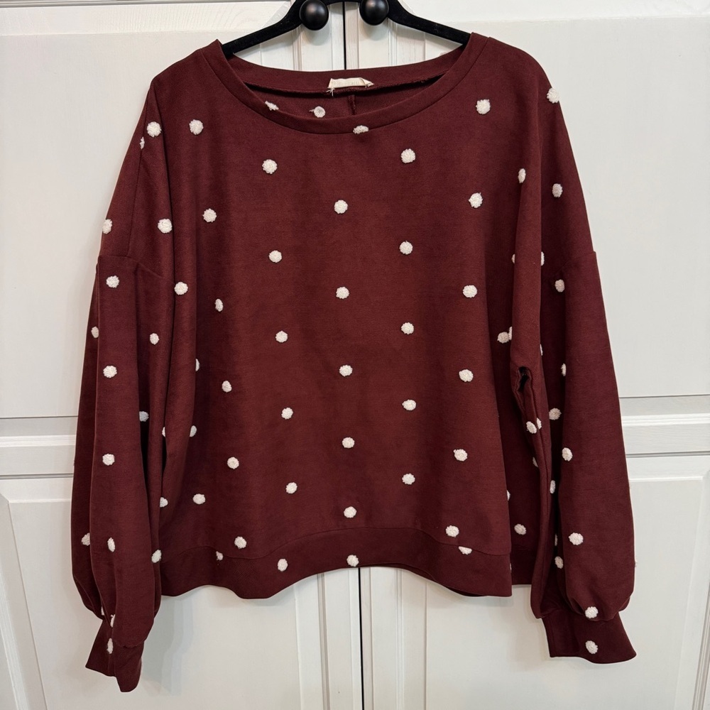 ANDTHEWHY Maroon and White Polka Dot Sweatshirt Size 1X. Dark coquette